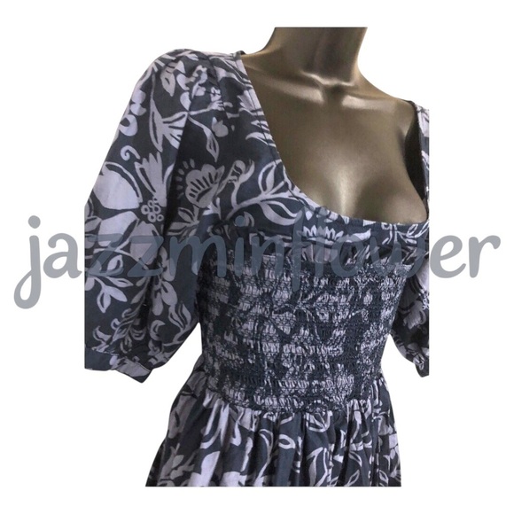 Free people dark navy blue dear delilah puff sleeve smocked babydoll mini dress - Picture 3 of 16